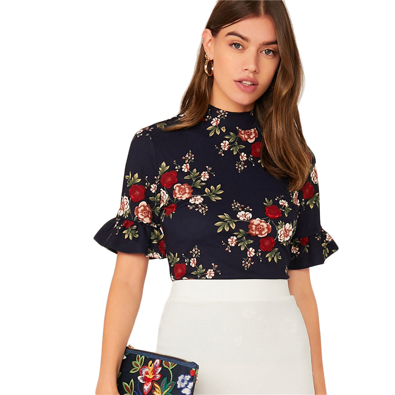 RUFFLE Sleeves NAVY Background Floral Summer Top